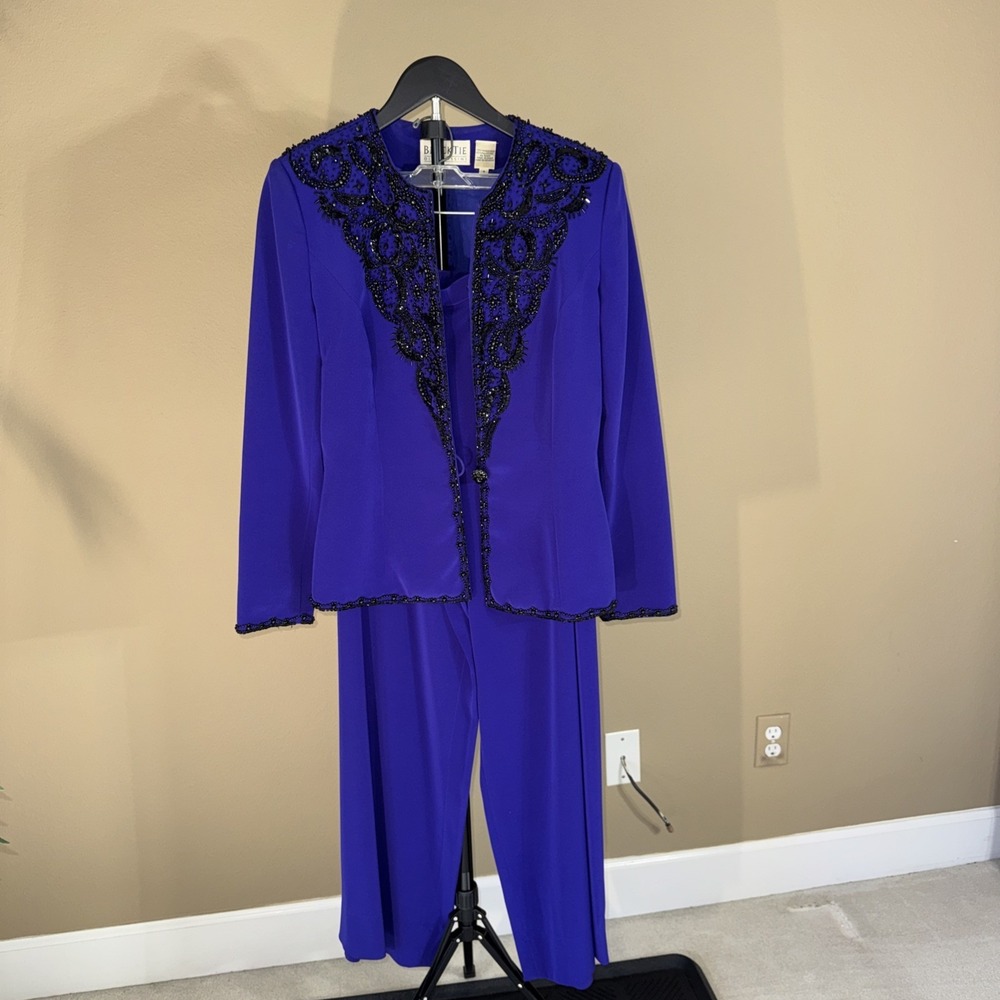 VINTAGE‎ Black Tie Oleg Cassini Wide Leg Pants Suit Purple Black Beaded Sz 8